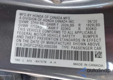 2020 Honda Civic Lx из США, поврежденный, VIN 2HGFC2F62LH560399